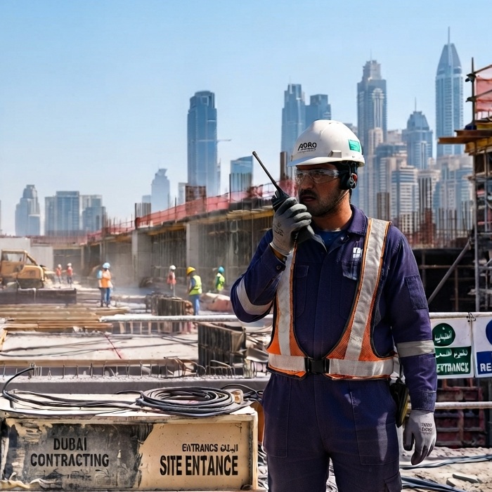 Site engineer using a two-way radio on a Dubai construction site