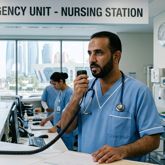 Nurse using a two-way radio at a hospital nursing station in Dubai