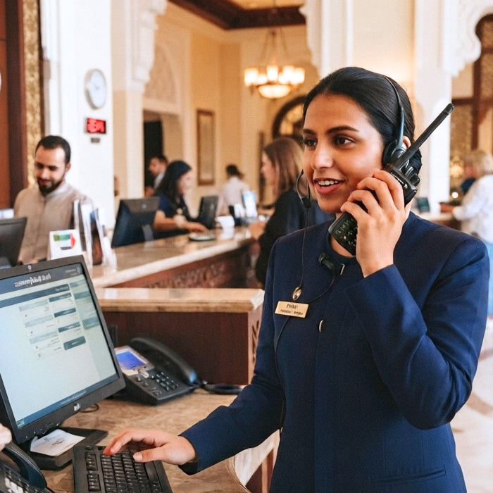 Hotel front desk agent answering a two-way radio call in a Dubai lobby