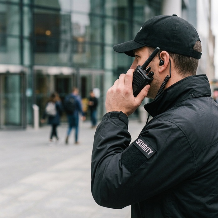 Security officer using a two-way radio outside a Dubai office tower